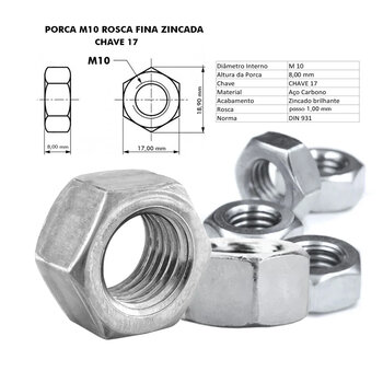 PORCA M10 ROSCA FINA (PASSO 1,00MM) CHAVE 17 ZINCADA-100 UNID.