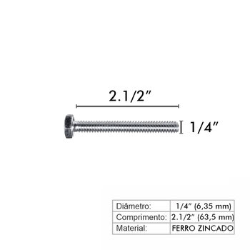 PARAFUSO SEXTAVADO ROSCA INTEIRA 1/4 X 2.1/2 ZINCADO COM PORCA E ARRUELA - 50 UNID