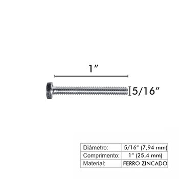 PARAFUSO SEXTAVADO ROSCA INTEIRA 5/16 X 1 ZINCADO COM PORCA E ARRUELA -50 UNID.