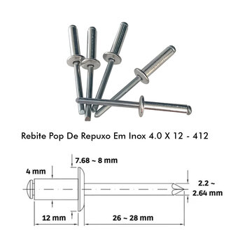 REBITE POP DE REPUXO EM INOX 4.0 X 12 - 412 -50 PEÇAS