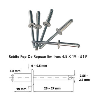 REBITE POP DE REPUXO EM  INOX 4.8 X 19 - 519 - 50 PEÇAS