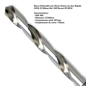 Broca Aço Rápido Haste Cônica 27mm DIN 345 Rocast - 01 PÇ