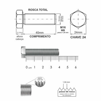 PARAFUSO SEXTAVADO AÇO 8.8 M16X40MM MB DIN 961-5 PEÇAS