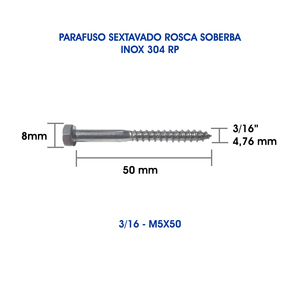 PARAFUSO SEXTAVADO INOX ROSCA SOBERBA 3/16X50 M5X50 - 50 UNID.