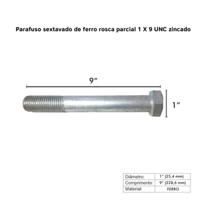 PARAFUSO SEXTAVADO DE FERRO ROSCA PARCIAL 1X9 UNC ZINC.-03 PÇ