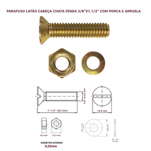 PARAFUSO LATÃO FENDA CABEÇA CHATA 3/8X1.1/2 - 10 UNID.