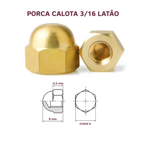 PORCA CALOTA 3/16 LATÃO - 10 PÇ