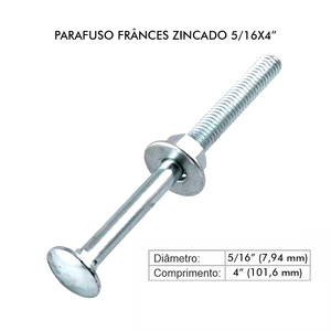 PARAFUSO FRANCES ZINCADO 5/16 X 4 COM PORCA E ARRUELA-50UNID