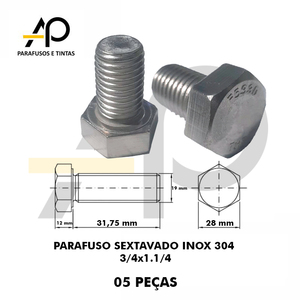 PARAFUSO SEXTAVADO INOX 304 3/4x1.1/4 - 05 PEÇAS