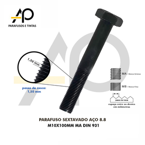 PARAFUSO SEXTAVADO AÇO 8.8 M10X100MM MA DIN 931-25 PEÇAS