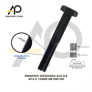 PARAFUSO SEXTAVADO AÇO 8.8 M14X120MM MB DIN 960-10 PEÇAS