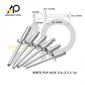 REBITE POP DE REPUXO EM INOX 3.2 X 16 - 316 - 50 PEÇAS
