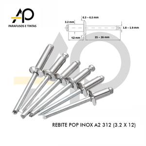 REBITE POP DE REPUXO EM INOX A2 3.2 X 12 - 312 - 50 PEÇAS