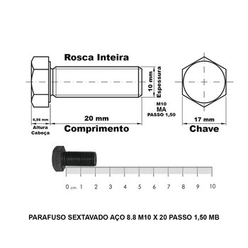 PARAFUSO SEXTAVADO AÇO 8.8 M10X20MM PASSO 1,5-50 UNID.