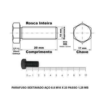 PARAFUSO SEXTAVADO AÇO 8.8 M10X20 PASSO 1,25-50 UNID.