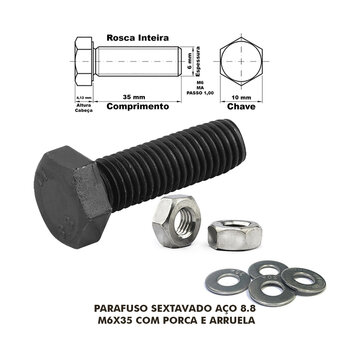 PARAFUSO SEXTAVADO AÇO 8.8 M6X35 COM PORCA E ARRUELA - 100 UNID.