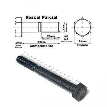 PARAFUSO SEXTAVADO AÇO 8.8 M8X150 ROSCA PARCIAL MA-10 UNID.