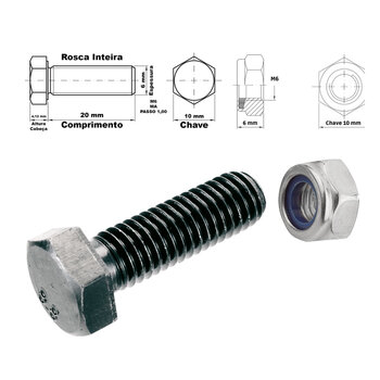 PARAFUSO SEXTAVADO AÇO M6X20 MA COM PORCA TRAVANTE - 100 UNID.
